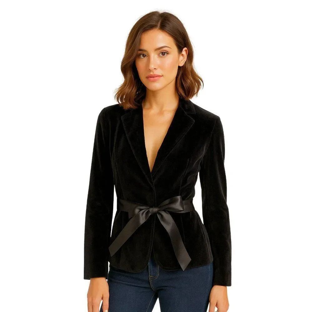 Vintage Y2K Gap Women's Black Velvet Ribbon Waist Tie Blazer Coat